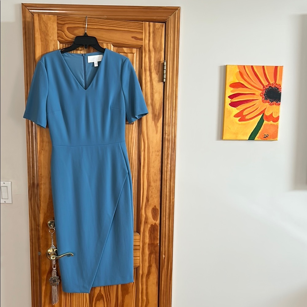 Boss Blue Sheath Midi Dress V-Neck Short Sleeve